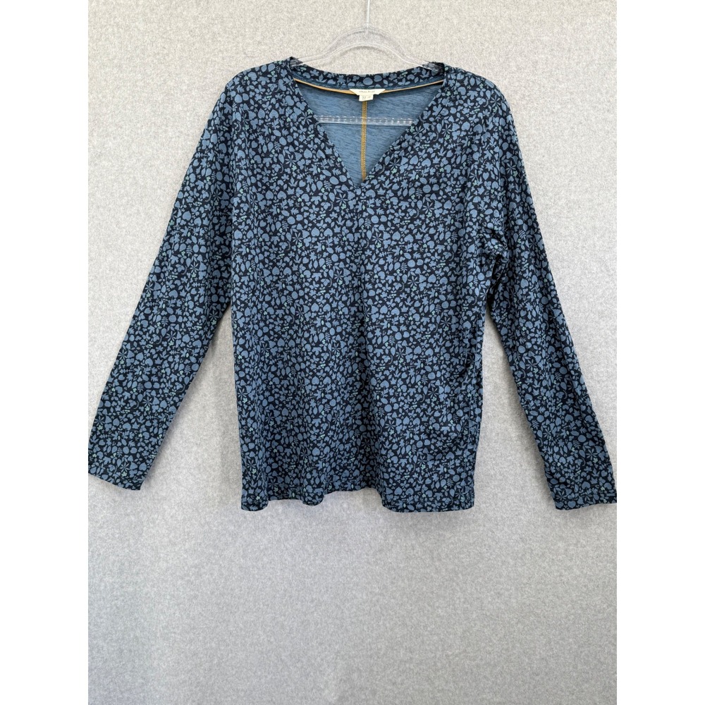 White Stuff Top Womens UK 18 (US 14) Blue Floral Long Sleeve V-Neck Cotton Slub